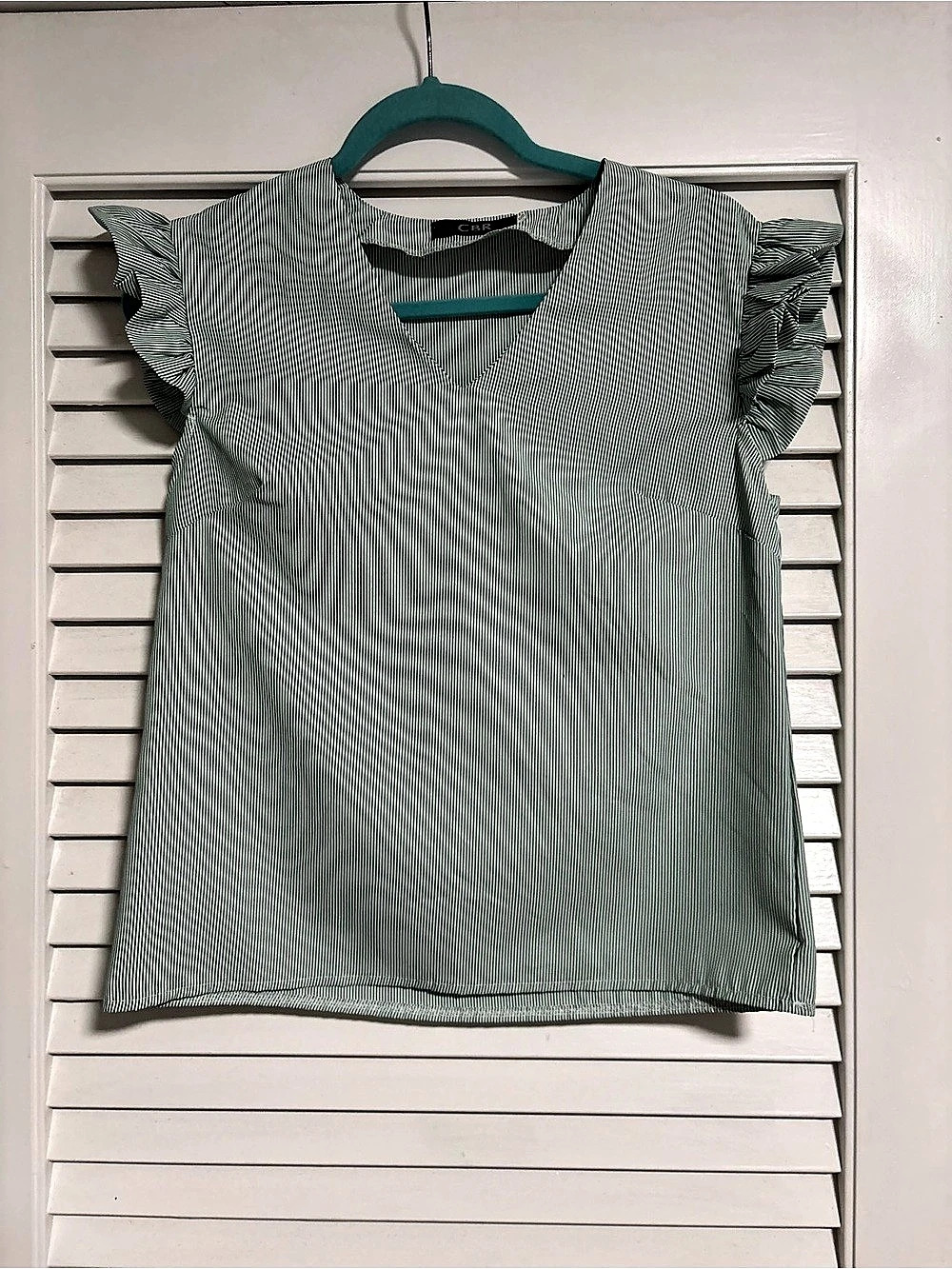 CBR Striped Ruffle Sleeve Blouse in Green & White Small